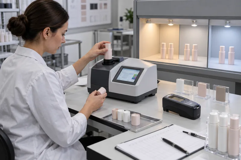 Qualitätstechniker, der Kosmetikflaschen und -verschlüsse mit einem Spektralphotometer neben einer Lichtkammer und einem Glanzmessgerät misst
