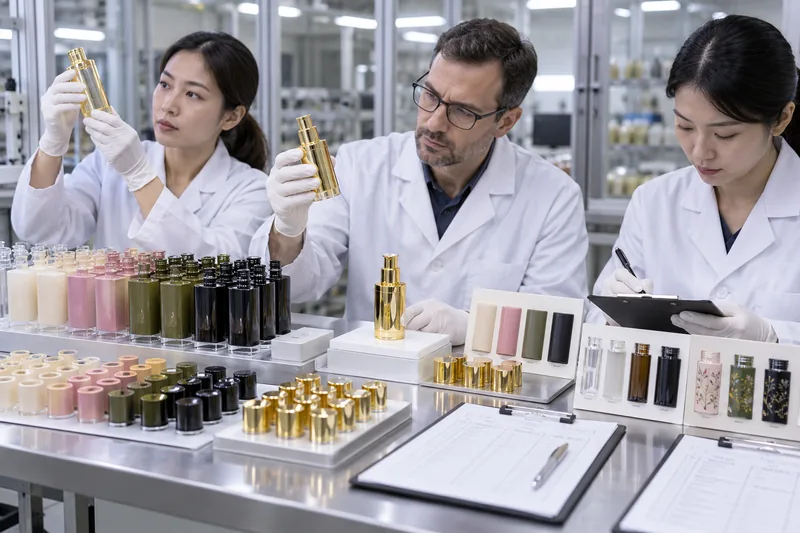 Das Qualitätsteam für Kosmetikverpackungen vergleicht produzierte Flaschen, Verschlüsse und beschichtete Teile mit den freigegebenen Farbmustervorlagen