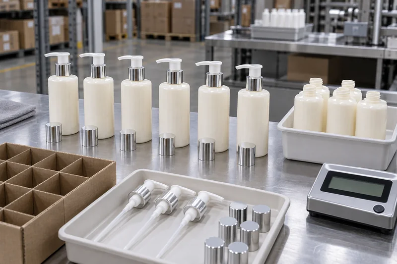 Des rangées de flacons de lotion complets avec leur pompe, à côté d'un plateau séparé contenant des flacons excédentaires dépareillés