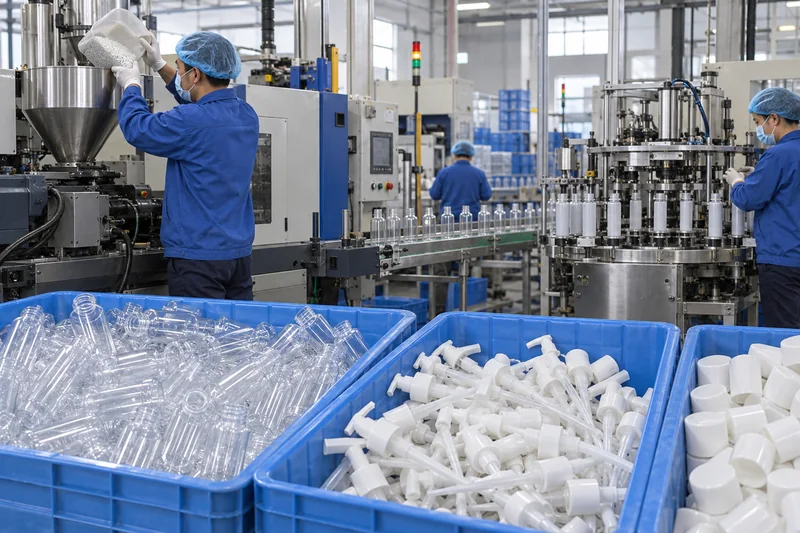 Kosmetikverpackungsfabrik, die Flaschenkörper herstellt, während Pumpen und Verschlüsse als separate Komponenten behandelt werden