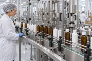 Ingeniero de empaque de productos cosméticos observando botellas blancas y ámbar en una línea automática de llenado y tapado