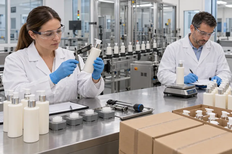Ingenieros de calidad que verifican las dimensiones de los frascos de cosméticos, el peso de llenado, el par de apriete de la tapa y los soportes de transporte durante la calificación de la línea