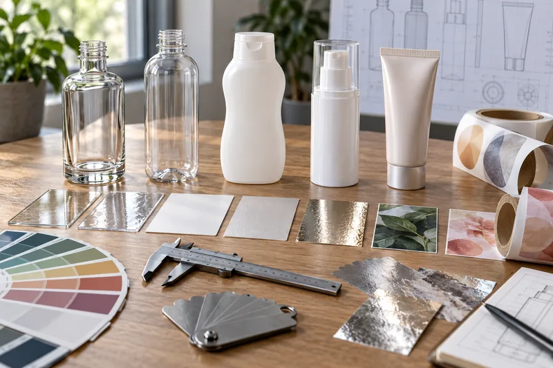 Muster von Verpackungen aus Glas, PET, HDPE und PP sowie Tubenverpackungen mit verschiedenen Druckfolien- und Etikettenoptionen in einer Auswahlübersicht für Käufer
