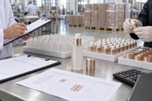 L'équipe chargée de la qualité des emballages procède à la vérification des flacons, des pompes et des bouchons de produits cosmétiques par rapport aux bons de commande et aux listes de comptage des cartons