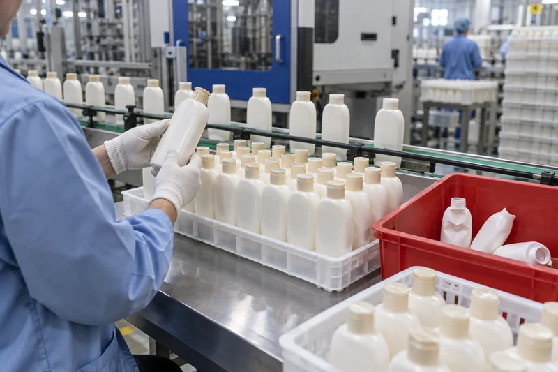 Un opérateur inspecte des flacons de cosmétiques acceptés à côté d'un bac de tri contenant les pièces moulées rejetées