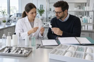 El gerente de calidad de empaques y el representante del proveedor revisan los frascos de cosméticos, los dosificadores y las especificaciones controladas