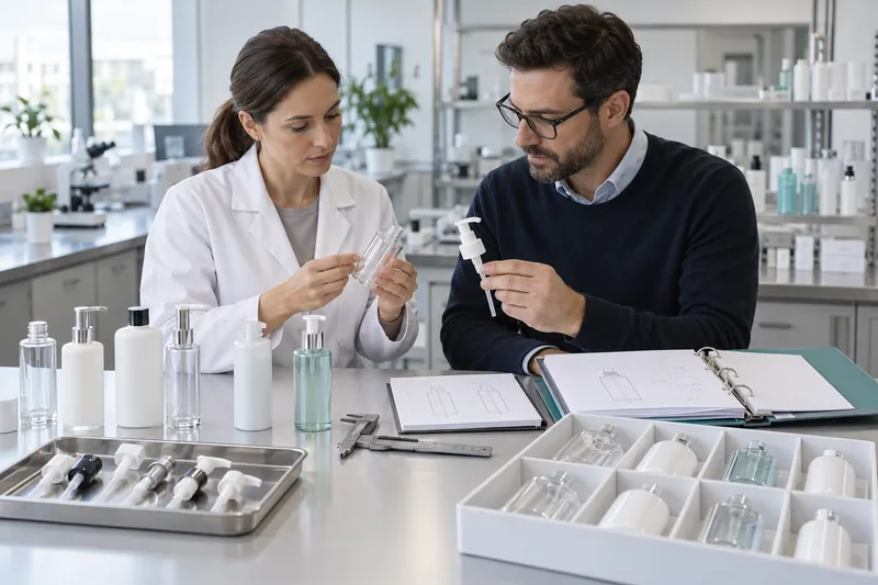 Qualitätsmanager für Verpackungen und Vertreter des Lieferanten bei der Prüfung von Kosmetikflaschen, Pumpen und festgelegten Spezifikationen