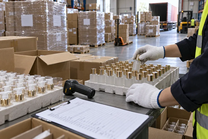 Un inspecteur d'entrepôt effectuant l'inventaire de plateaux contenant des flacons et des pompes de cosmétiques, à côté de cartons destinés à l'exportation et de palettes emballées