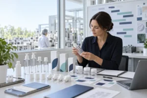 Planificador de empaques encargado de coordinar frascos de cosméticos, dispensadores de loción, tapas y cajas de cartón de acuerdo con un cronograma de componentes