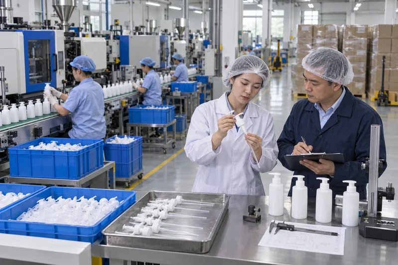 Quality team auditing a cosmetic pump assembly line and inspecting production samples at a packaging factory