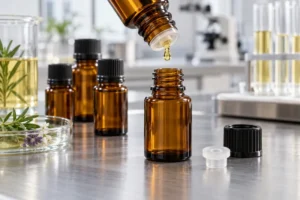 Flacone di olio essenziale di ambra tenuto capovolto, con una goccia che si forma attraverso un riduttore di orifizio traslucido su un banco da laboratorio