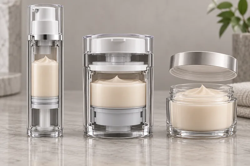 Corte de frasco airless a pistón, tarro airless cerrado y tarro para crema abierto