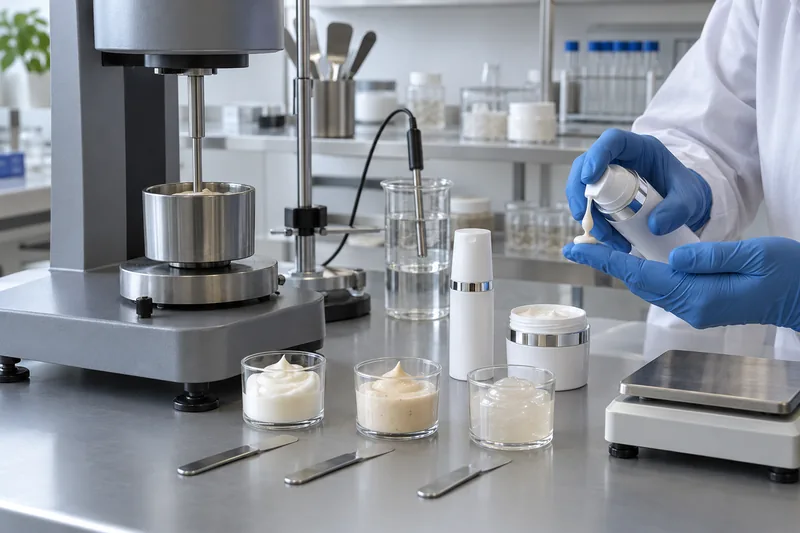 Laboratorio cosmético ensaya reología de crema y dosificación airless