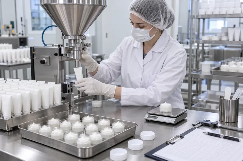 Técnico encargado de llenar pequeños tubos de crema facial y frascos en miniatura, y de verificar el peso de las muestras