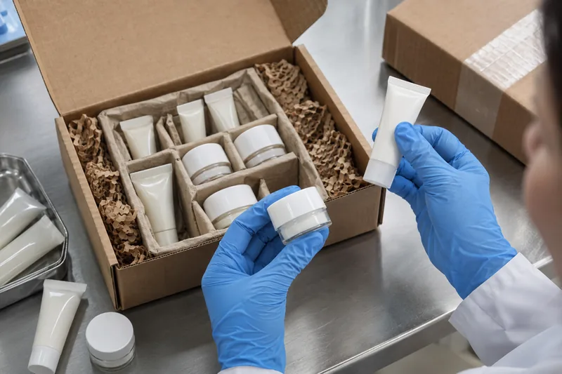 Inspector de calidad revisando tubos de muestra y frascos pequeños de crema facial dentro de un kit de envío protegido