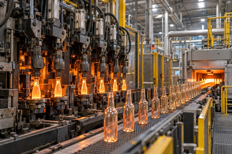 Hot glass bottles leaving individual-section forming machines on the way to an annealing lehr