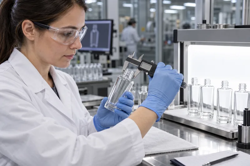 Quality engineer measuring the neck finish of a clear cosmetic glass bottle with a digital caliper