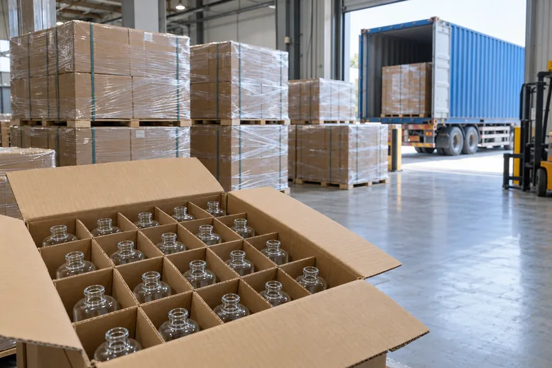 Glass cosmetic bottles in partitioned export cartons beside wrapped pallets and a shipping container