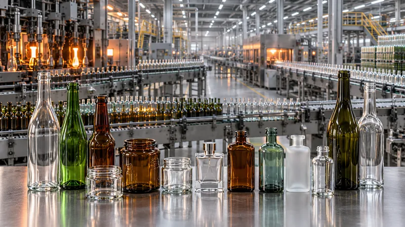Unbranded glass bottles and jars for beverage, food, fragrance, skincare and pharmaceutical markets in a large factory