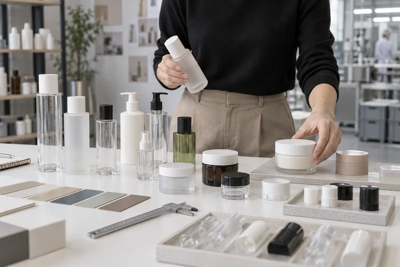 Comprador de empaques comparando frascos, tarros, dosificadores y tapas para cosméticos de bajo volumen en un estudio de muestras