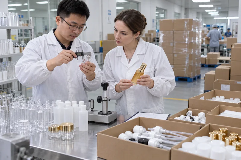 Ein Verpackungsingenieur und ein internationaler Einkäufer prüfen Kosmetikflaschen, Pumpen und Verschlüsse, bevor sie eine Probesendung freigeben