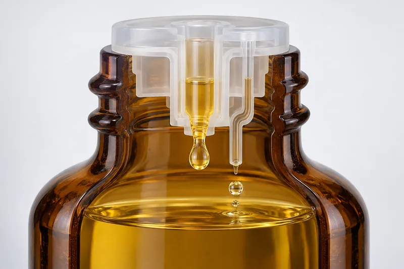 مقطع عرضي لعنق زجاجة زيت عطري من العنبر يُظهر مسارات منفصلة لتصريف السائل وإعادة الهواء في مخفض الفتحة