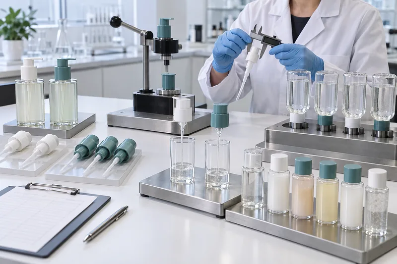Laboratorio de empaques cosméticos que compara dimensiones, torque, caudal de la bomba, fugas y compatibilidad con el producto envasado