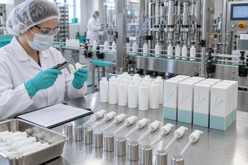 Un technicien qualité vérifie des flacons et des pompes de produits cosmétiques à côté d'une ligne de remplissage avant la production