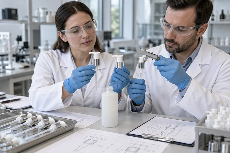 Ingenieros de empaque que comparan bombas para lociones cosméticas del proveedor actual y de un segundo proveedor con planos y calibres