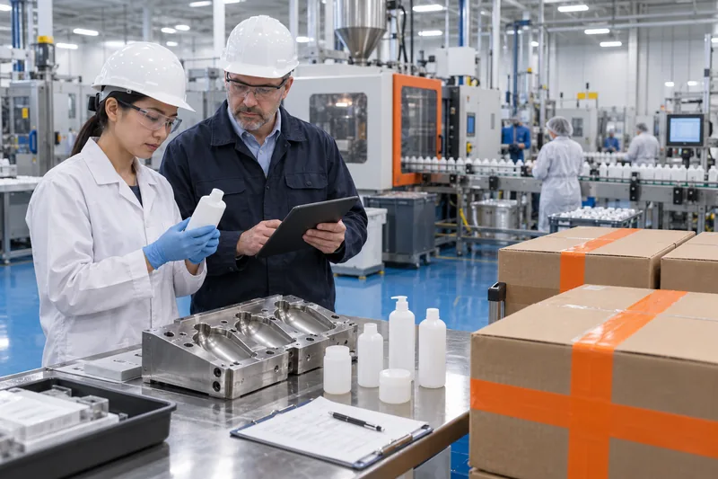 Ingeniero de calidad y supervisor de planta encargado de auditar los moldes para frascos de cosméticos, la trazabilidad y las cajas en cuarentena durante un traslado de planta