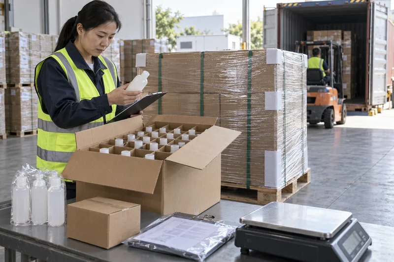 Final inspection and export packing of PCR cosmetic bottles purchased from China