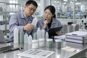 Un acquirente e un ingegnere della qualità esaminano la documentazione relativa alle confezioni cosmetiche PCR e alcuni campioni di flaconi in uno stabilimento