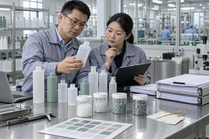 Buyer and quality engineer reviewing PCR cosmetic packaging documents and bottle samples at a factory