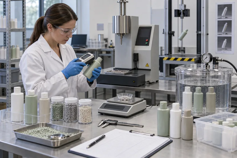 Laboratory testing PCR cosmetic bottles for color, material properties, dimensions and leakage