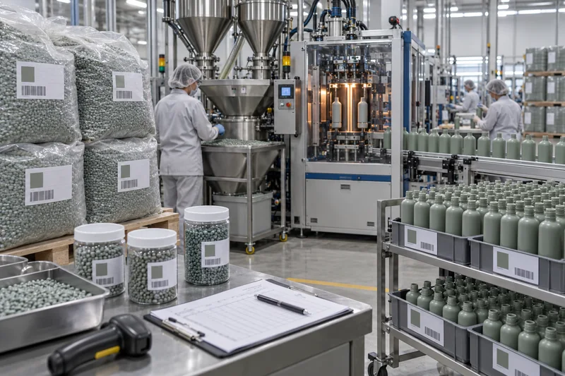 PCR resin pellet lots traced through blending and cosmetic bottle production