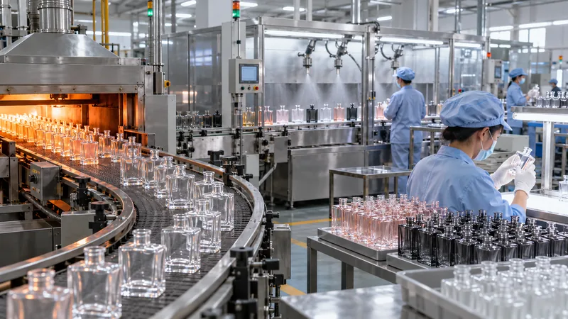 Glass perfume bottles moving through controlled factory production and decoration inspection