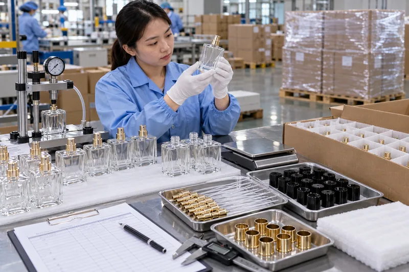 Inspector checking glass perfume bottles, spray pumps, caps, dip tubes and export packing before shipment