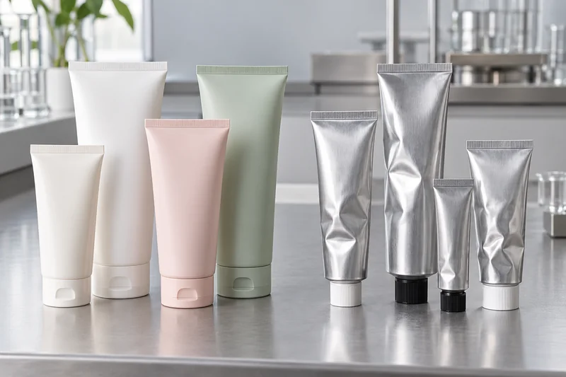 Tubi cosmetici in plastica flessibili accanto a tubi in alluminio pieghevoli e sgualciti su un banco da laboratorio dedicato al confezionamento