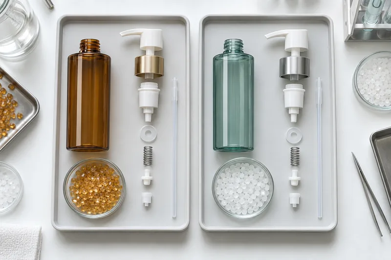 Frascos de cosméticos actuales y propuestos, piezas de bombas y gránulos de resina dispuestos para una evaluación comparativa lado a lado