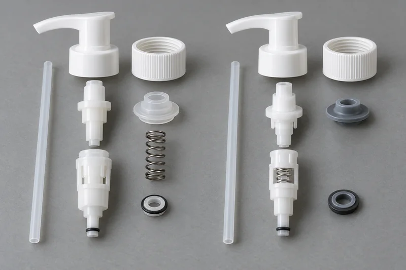Two similar lotion pumps disassembled to compare gaskets, springs, engines, collars and dip tubes