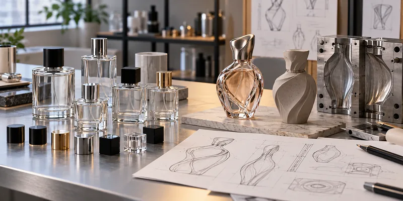 Stock round and square perfume bottles beside a custom sculptural bottle prototype and glass mold development tools